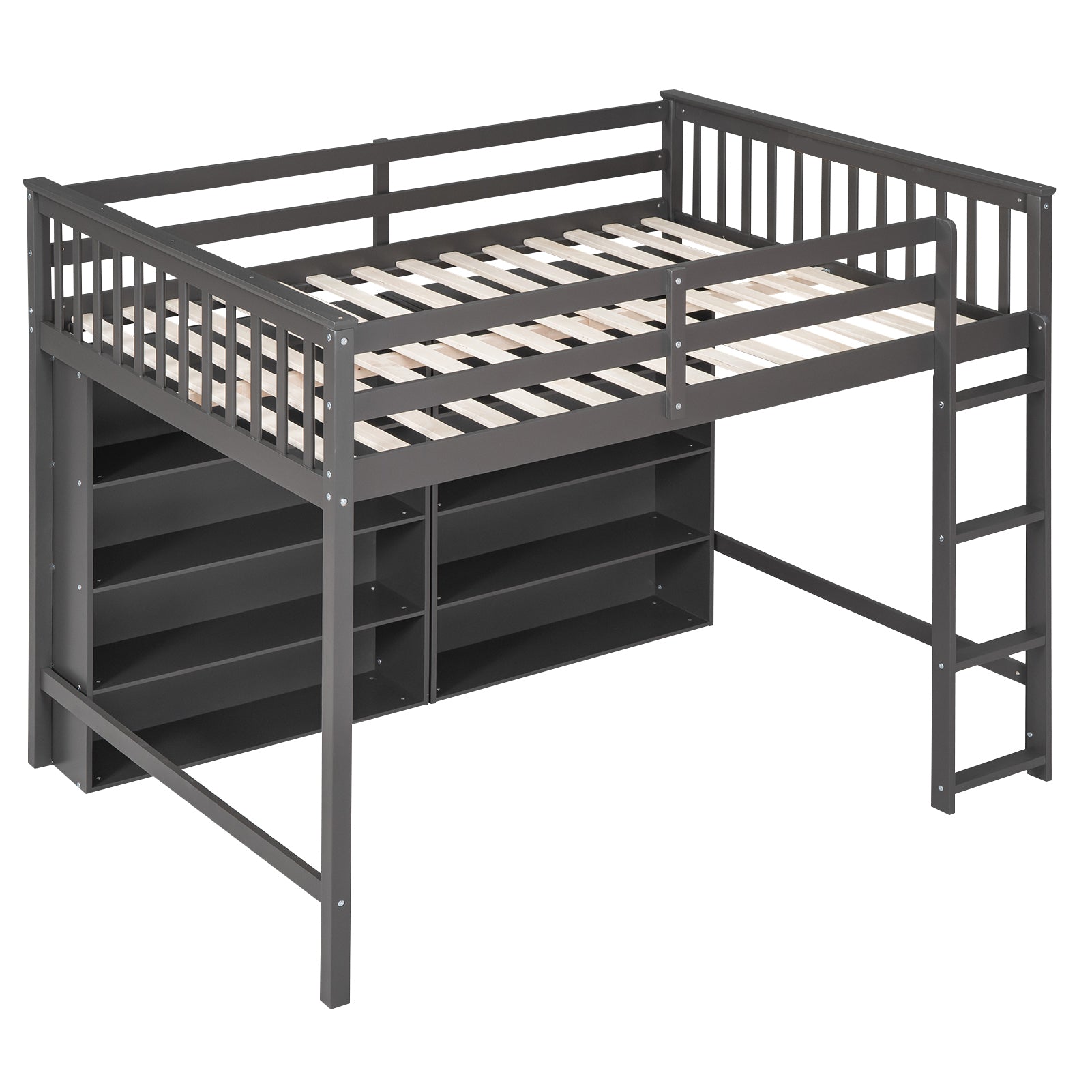 Full Size Loft Bed with 8 Open Storage Shelves and Built-in Ladder, Gray - Atlantic Fine Furniture Melbourne FL