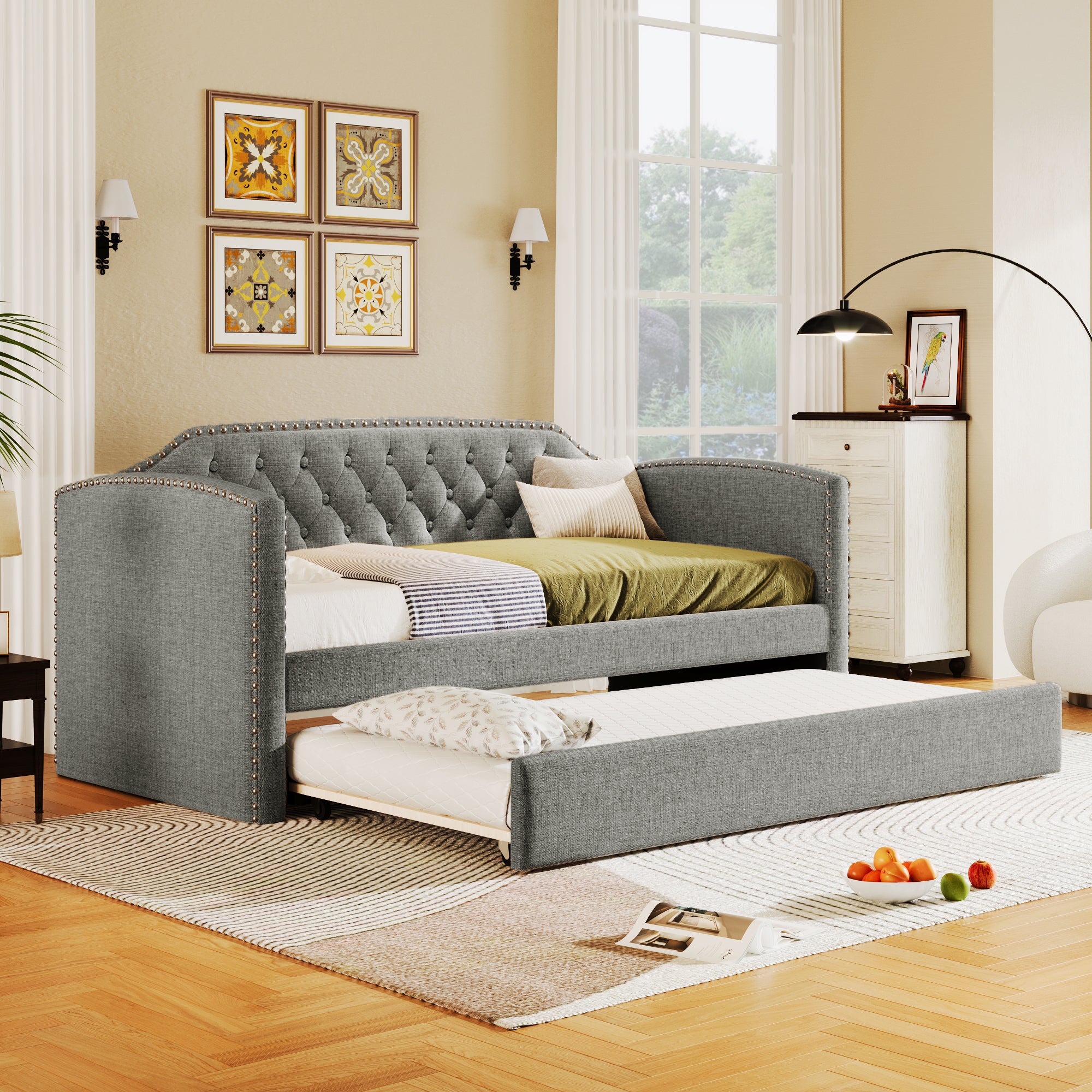 Twin Size Upholstered Daybed with Trundle for Guest Room, Small Bedroom, Study Room, Gray - Atlantic Fine Furniture Melbourne FL