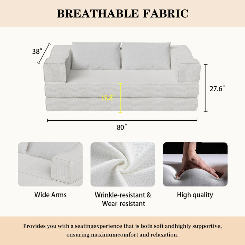 Convertible Couch Bed With 2 Pillows, 3 Seat Folding Floor Couch & King Size Bed Mattress, Diy Combination - Beige