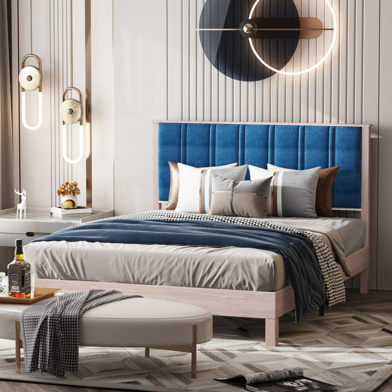 Full Bed Frame, Wood with Wood Headboard Bed Frame with upholstered headboard /  Wood Foundation with Wood Slat Support / No Box Spring Needed / Easy Assembly