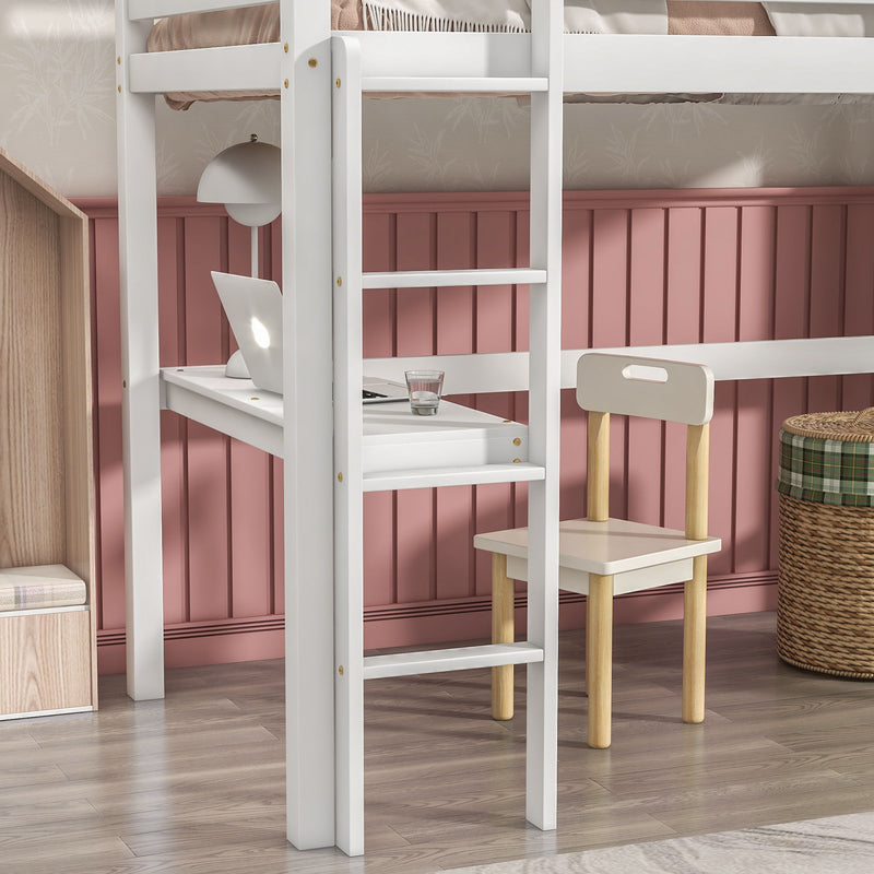 Twin Loft Bed With Built-In Desk - White