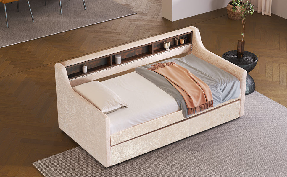 Twin Size Snowflake Velvet Daybed with Trundle and Built-in Storage Shelves,Beige - Atlantic Fine Furniture Melbourne FL