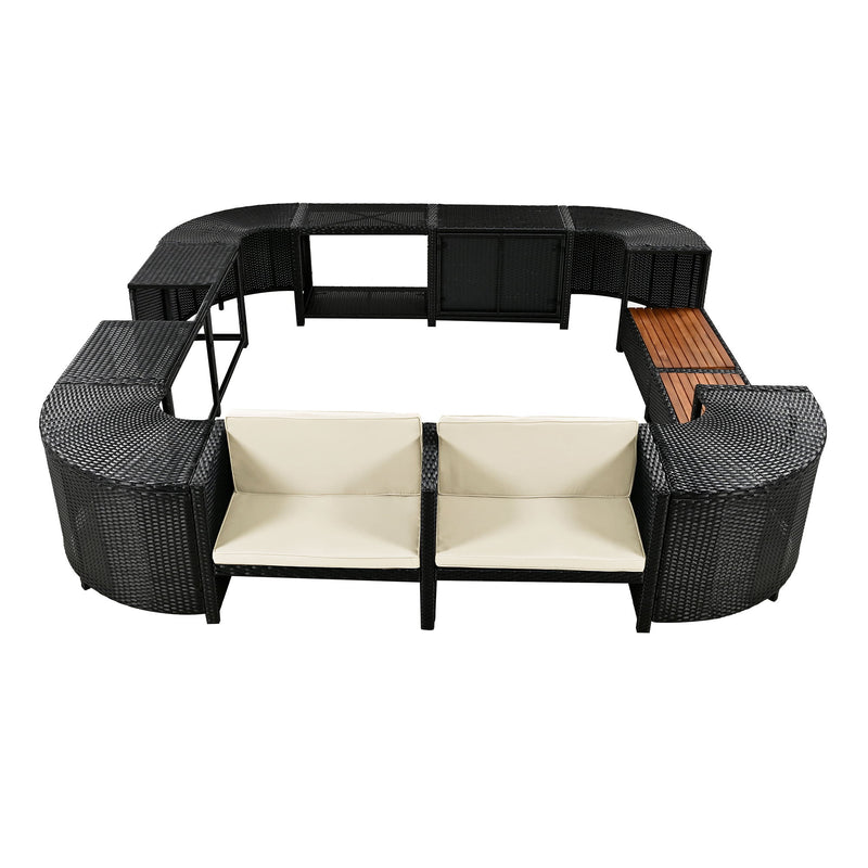 Spa Surround Spa Frame Quadrilateral Outdoor Rattan Sectional Sofa Set With Mini Sofa, Wooden Seats And Storage Spaces