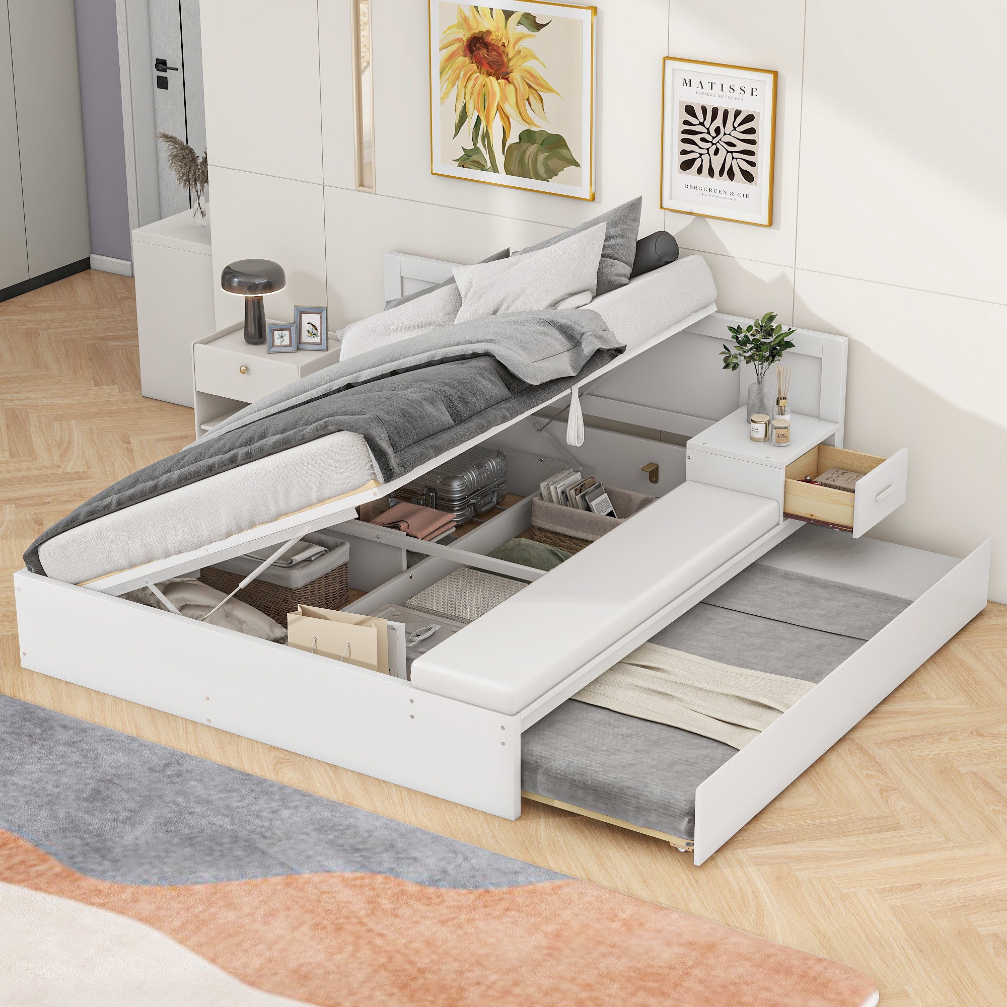 Full Size Wood Storage Hydraulic Platform Bed with Twin Size Trundle, Side Table and Lounge, White - Atlantic Fine Furniture Melbourne FL