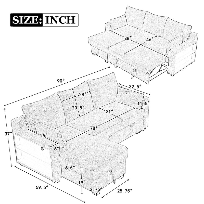 Pull Out Sleeper Sofa L-Shaped Couch Convertible Sofa Bed With Storage Chaise, Storage Racks And USB Ports