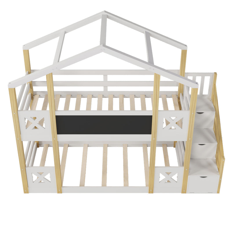 Twin Over Twin House Bunk Bed With White Storage Staircase And Blackboards - White
