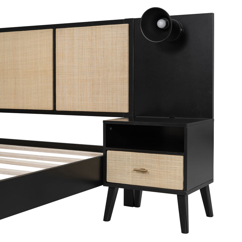 Solid Wood Bed Frame With 2 Nightstands, Elegant Design With Lamps, Rattan And Wood Combination