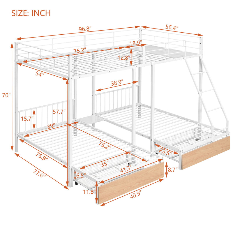 Bunk Bed, Metal Triple Bunk Bed With Drawers And Guardrails