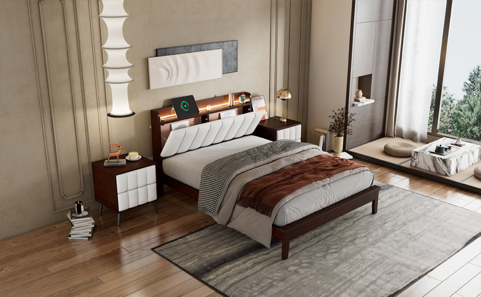 Full size Platform Bed with USB Charging Station and Storage Upholstered Headboard,LED Bed Frame,No Box Spring Needed,Walnut+Beige - Atlantic Fine Furniture Melbourne FL