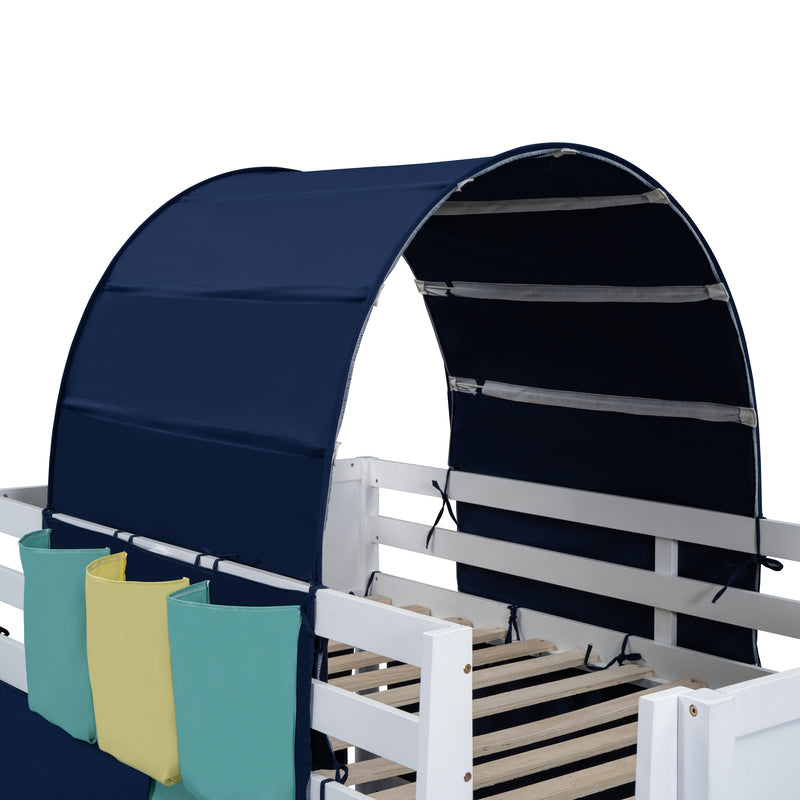 Twin Size Loft Bed with Tent and Tower  and  Three Pockets- Blue