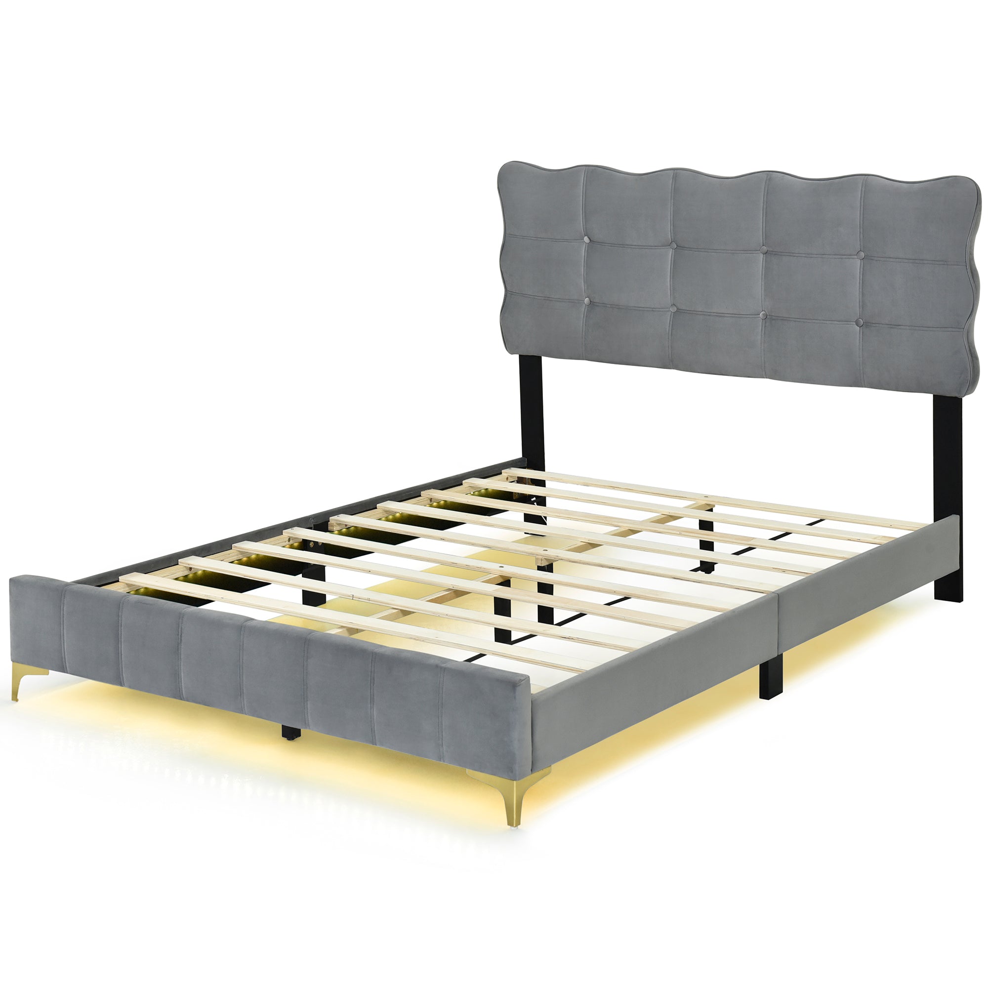 Full Size Velvet Platform Bed with LED Frame and Stylish Mental Bed Legs, Gray - Atlantic Fine Furniture Melbourne FL