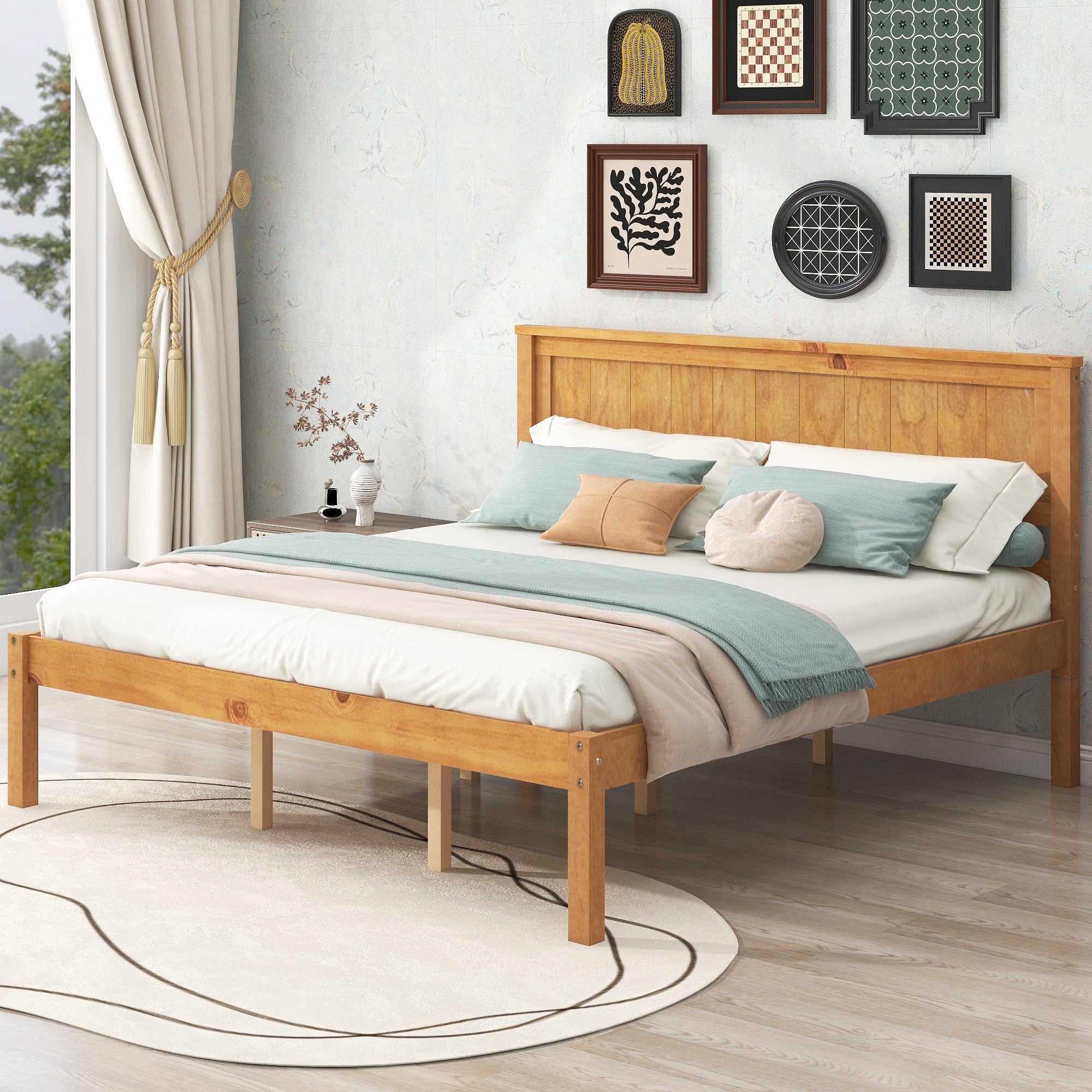 Platform Bed Frame with Headboard, Wood Slat Support, No Box Spring Needed, Queen, Oak - Atlantic Fine Furniture Melbourne FL