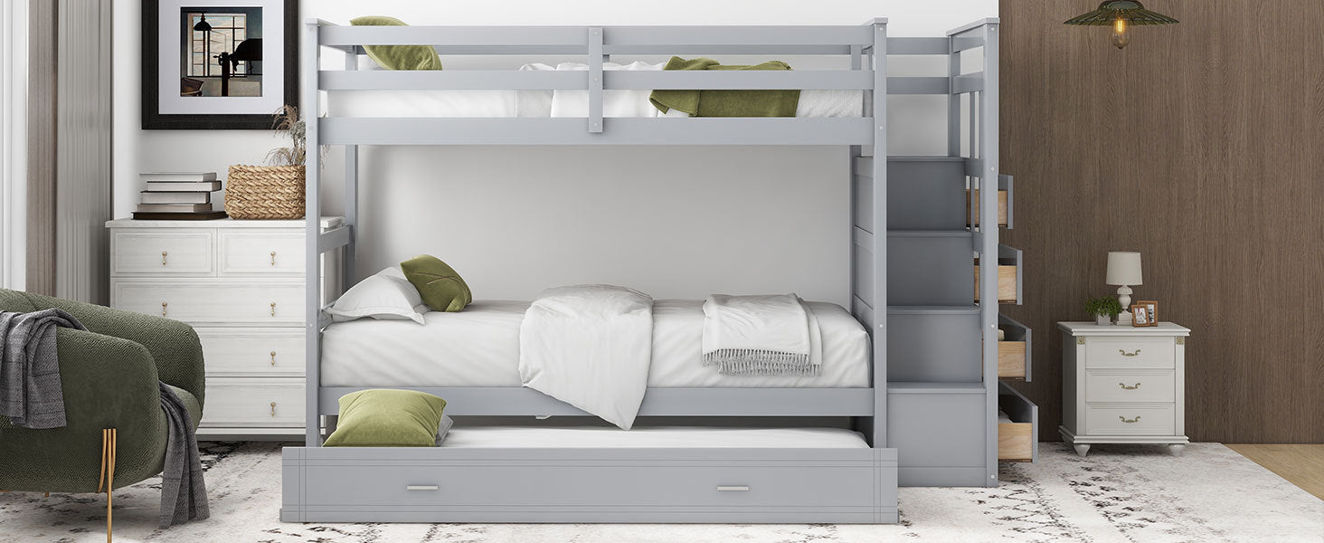 Twin Over Twin Bunk Bed with Trundle and Staircase,Gray(OLD SKU:LT000068AAE) - Atlantic Fine Furniture Melbourne FL
