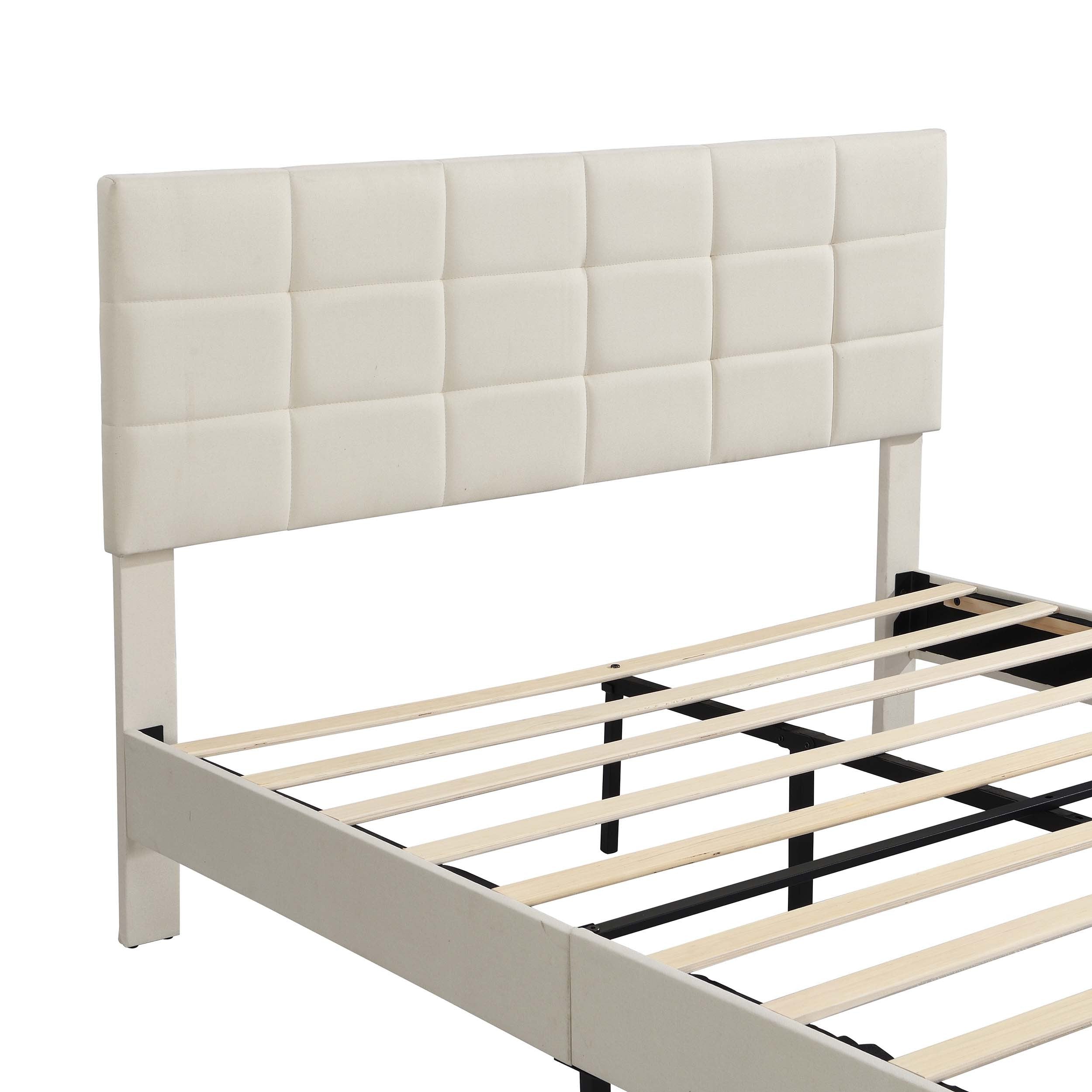 Full Size Platform Bed Frame with Fabric Upholstered Headboard and Wooden Slats, No Box Spring Needed/Easy Assembly, Beige
