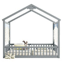 Double Twin House-Style Floor Bed with Fence, Guardrails, without door, Grey