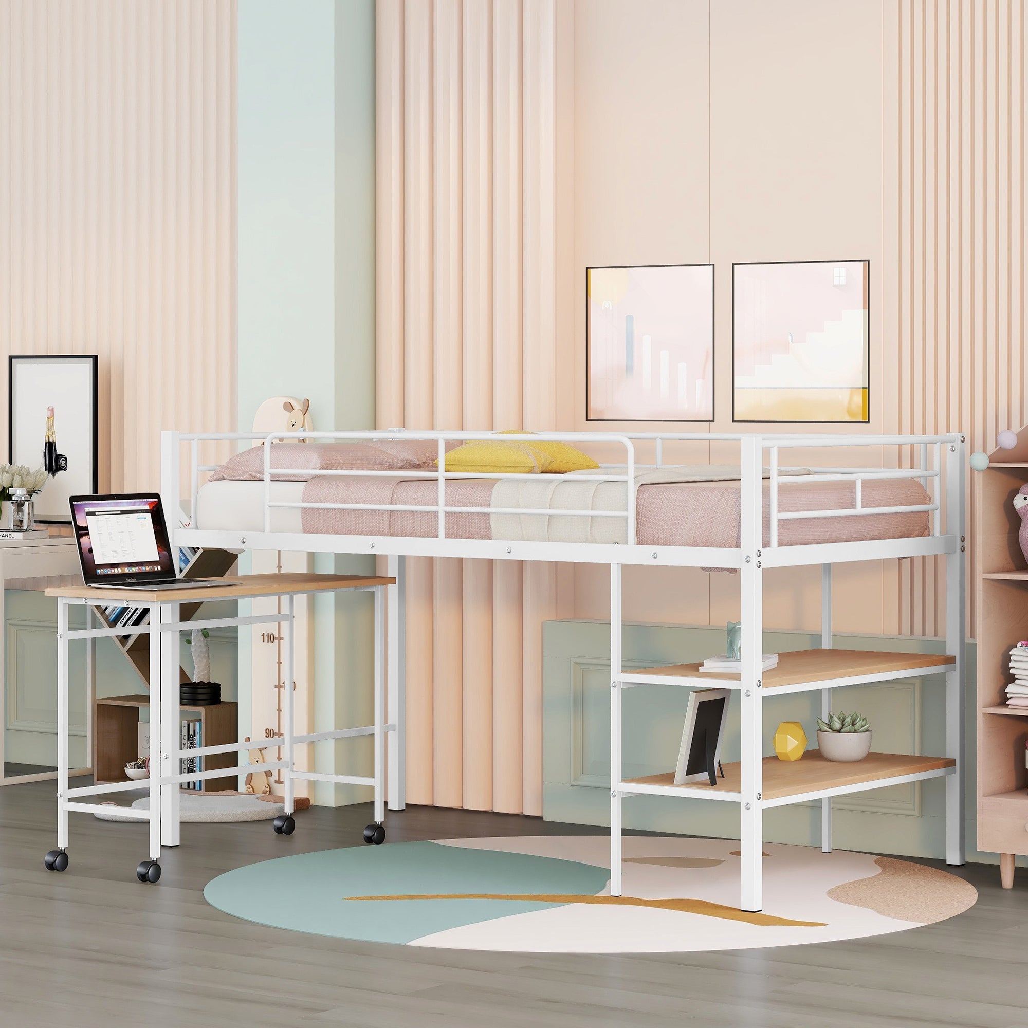 Twin Size Metal Loft Bed with Desk and Shelves,White - Atlantic Fine Furniture Melbourne FL
