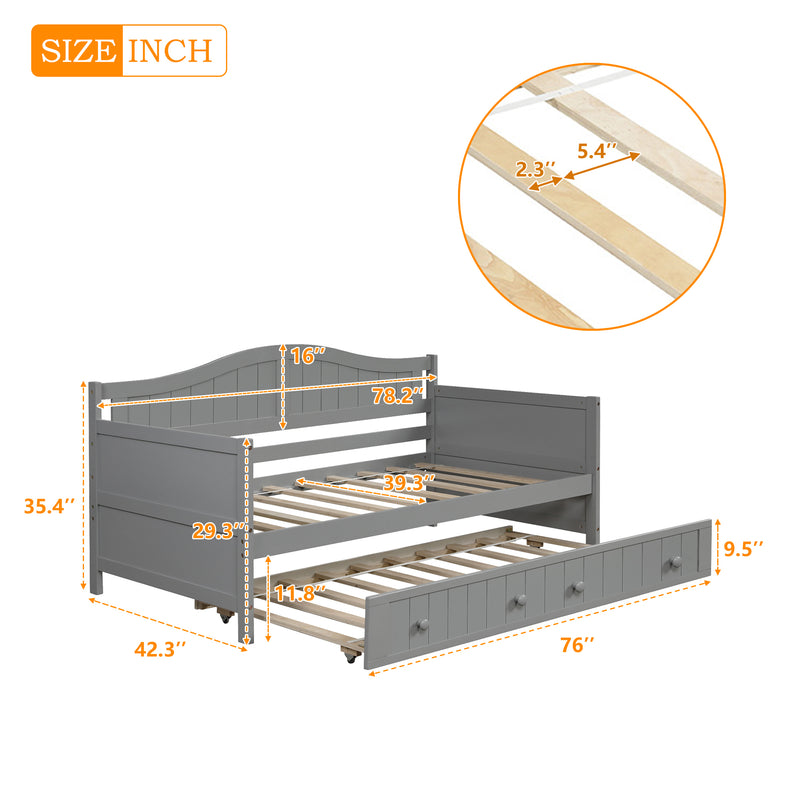 Twin Wooden Daybed with Trundle Bed, Sofa Bed for Bedroom Living Room, Gray