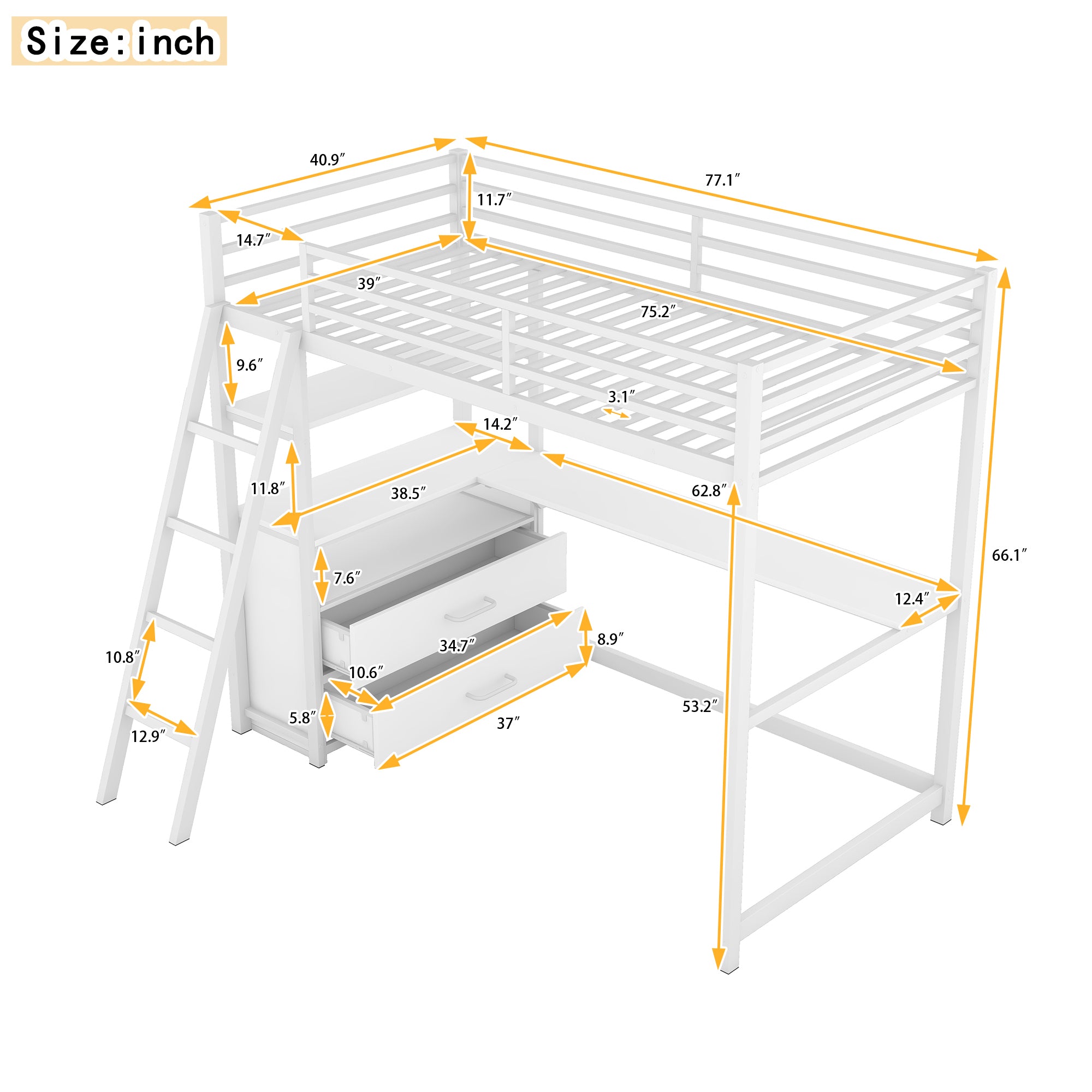 Twin Size Metal&Wood Loft Bed with Desk and Shelves, Two Built-in Drawers, White - Atlantic Fine Furniture Melbourne FL