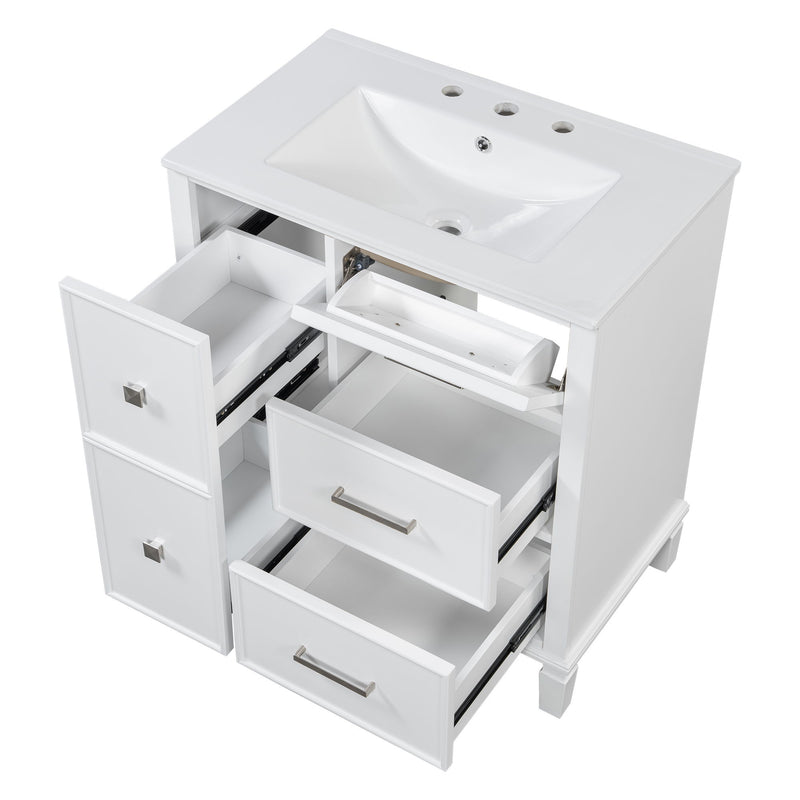 Bathroom Vanity With Ceramic Sink, Flip Out Drawer Design For Plumbing, Soft Close Drawers
