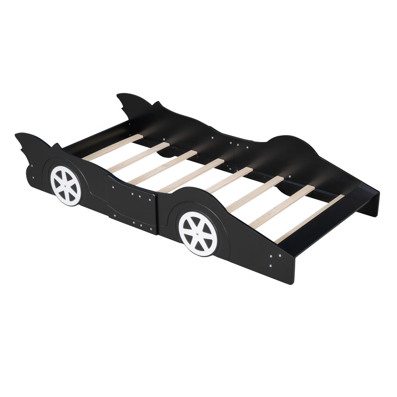 Twin Size Race Car-Shaped Platform Bed with Wheels,Black