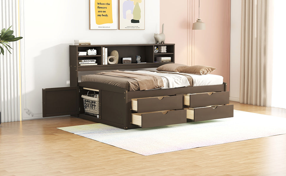 Full Size Wood Daybed with 2 Bedside Cabinets, Upper Shelves and 4 Drawers, Antique Brown - Atlantic Fine Furniture Melbourne FL
