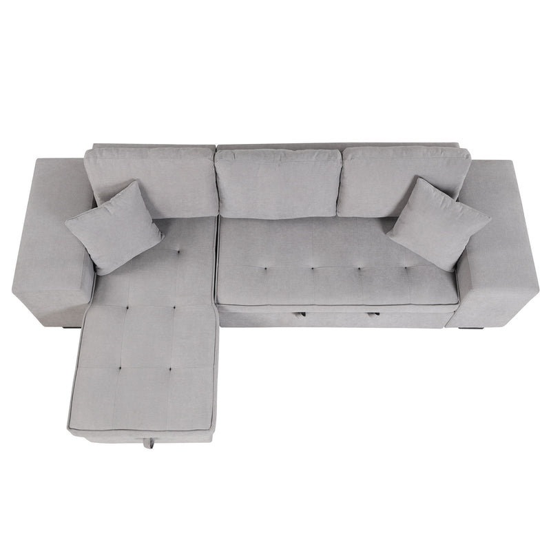 Pull Out Sleeper Sofa Reversible L-Shape 3 Seat Sectional Couch With Storage Chaise And 2 Stools For Living Room Furniture Set - Gray