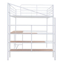 Full Size Metal Loft Bed with Desk and Lateral Storage Ladder, White