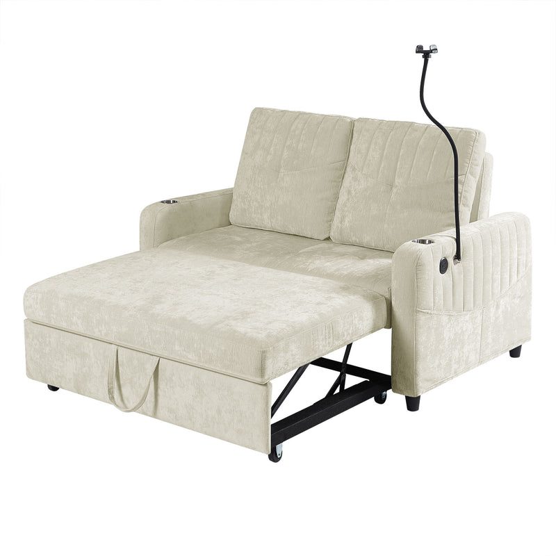 Modern Loveseat Pull Out Sofa Bed With Adjustable Backrest, Two Cup Holders, A Phone Holder, Three Charging Ports And Side Storage Pockets For Living Room