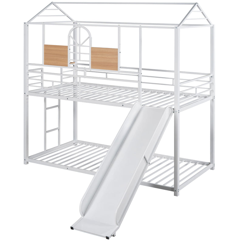 Twin Over Twin Metal Bunk Bed, Metal Housebed With Slide, Three Colors Available