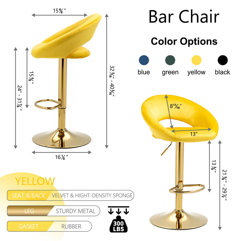 Velvet Adjustable Modern Dining Chairs, Counter Height Bar Chair, Swivel Bar Stools (Set of 2) - Yellow