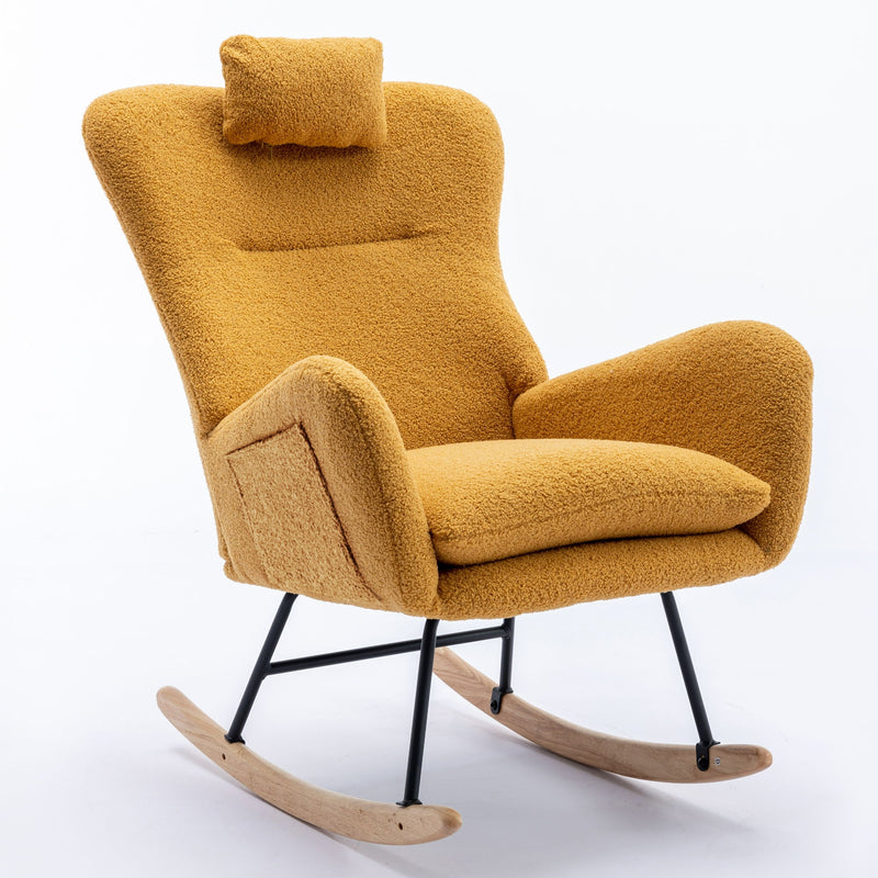 35.5" Rocking Chair With Pocket, Soft Teddy Fabric Rocking Chair For Nursery, Comfy Wingback Glider Rocker With Safe Solid Wood Base For Living Room Bedroom Balcony - Turmeric