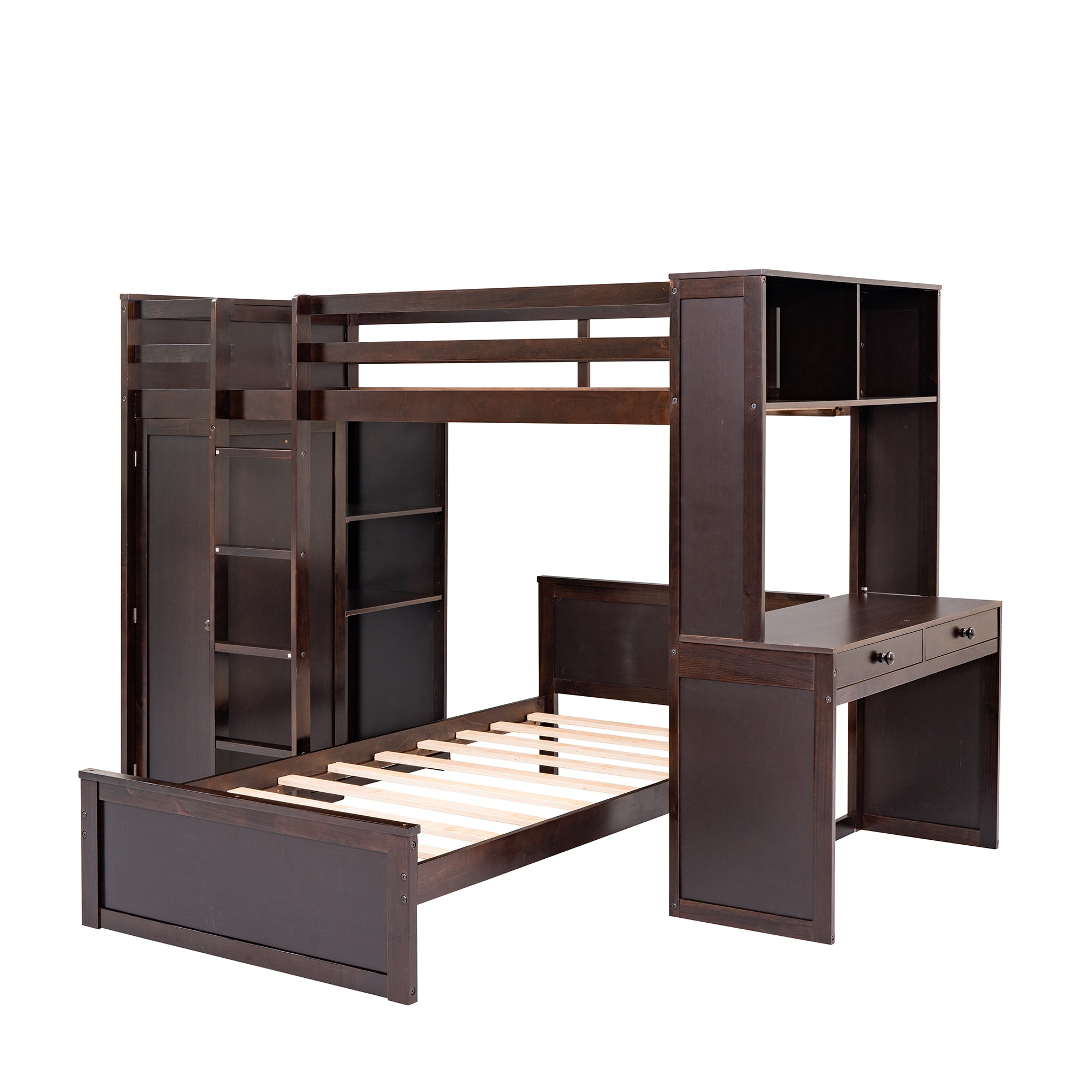 Twin size Loft Bed with a Stand-alone bed, Shelves,Desk,and Wardrobe-Espresso - Atlantic Fine Furniture Melbourne FL