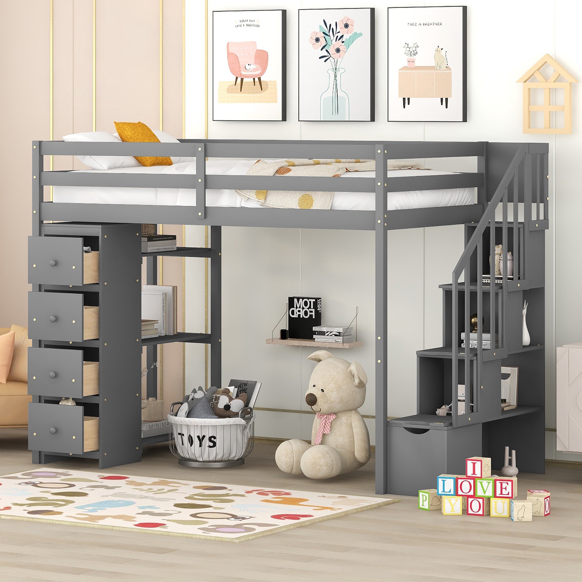 Twin size Loft Bed with Storage Drawers and Stairs, Wooden Loft Bed with Shelves - Gray - Atlantic Fine Furniture Melbourne FL