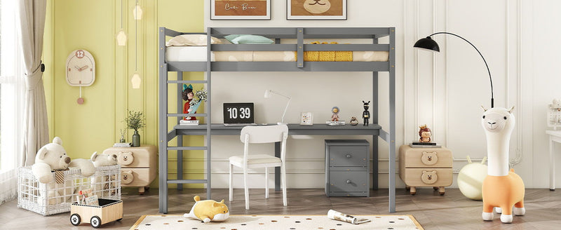 Loft Wood Bed With Under-Bed, Built-In Desk, A Storage Cabinet Of 2 Drawers, Guardrails, Ladder