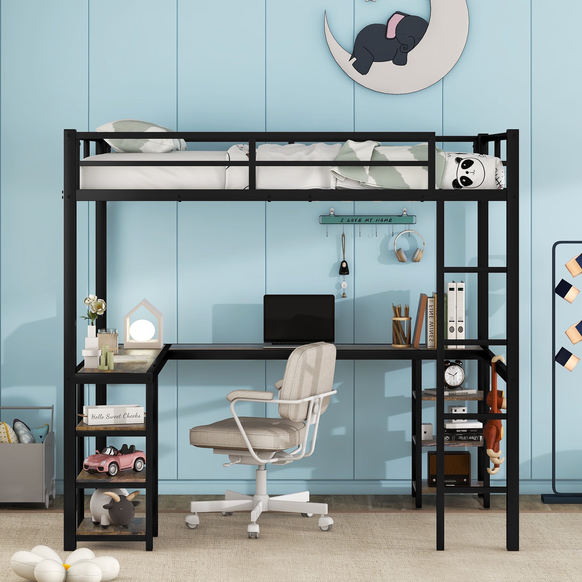 Full Metal Loft Bed with Desk and Shelves, Loft Bed with Ladder and Guardrails, Loft Bed Frame for Bedroom, Black (Old SKU: W1307S00016) (Pre-sale date: 2024/3/7.)