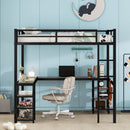 Full Metal Loft Bed with Desk and Shelves, Loft Bed with Ladder and Guardrails, Loft Bed Frame for Bedroom, Black (Old SKU: W1307S00016) (Pre-sale date: 2024/3/7.)