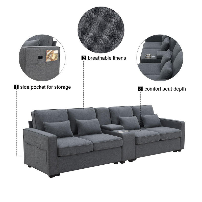 Upholstered Sofa With Console, 2 Cupholders And 2 USB Ports Wired Or Wirelessly Charged, Modern Linen Fabric Couches With 4 Pillows For Living Room, Apartment (4-Seat)