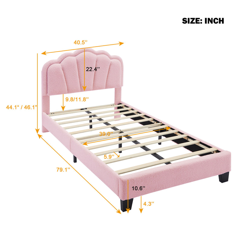 Upholstered Elegant Flowers Headboard With LED Light Strip, Platform Bed With Slats Support