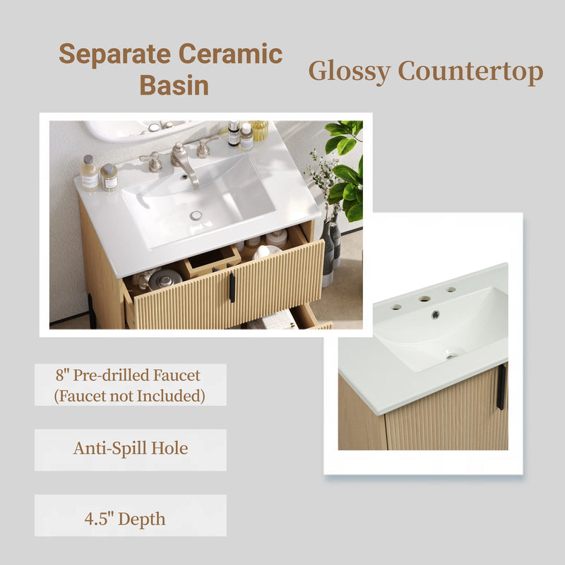 Bathroom Vanity With Ceramic Sink, Fluted Design