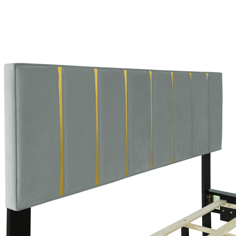 Upholstered Platform Bed With 2 Drawers And 1 Trundle, Classic Strip Headboard Design