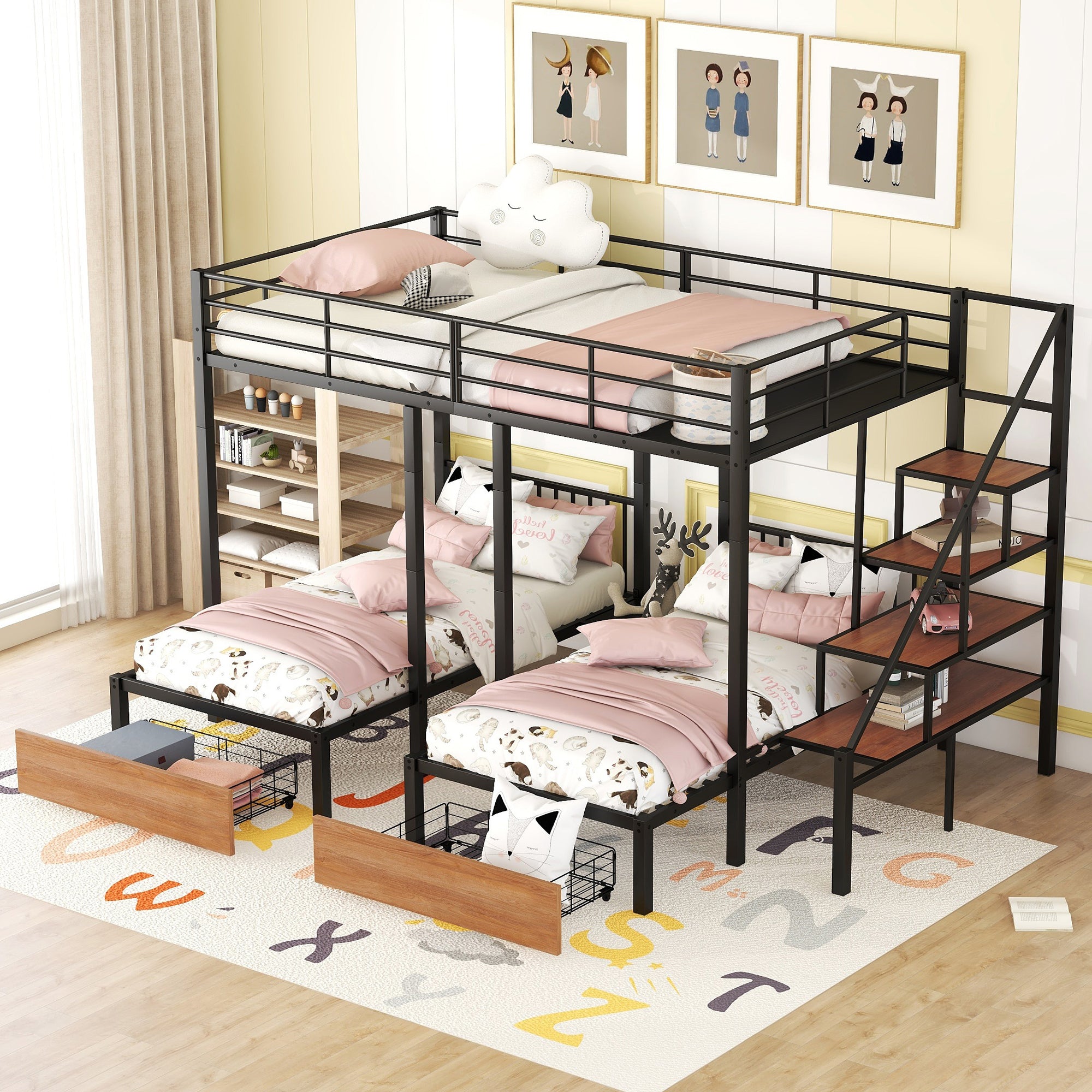 Full over Twin-Twin Triple bunk bed with drawers and staircase, Black - Atlantic Fine Furniture Melbourne FL