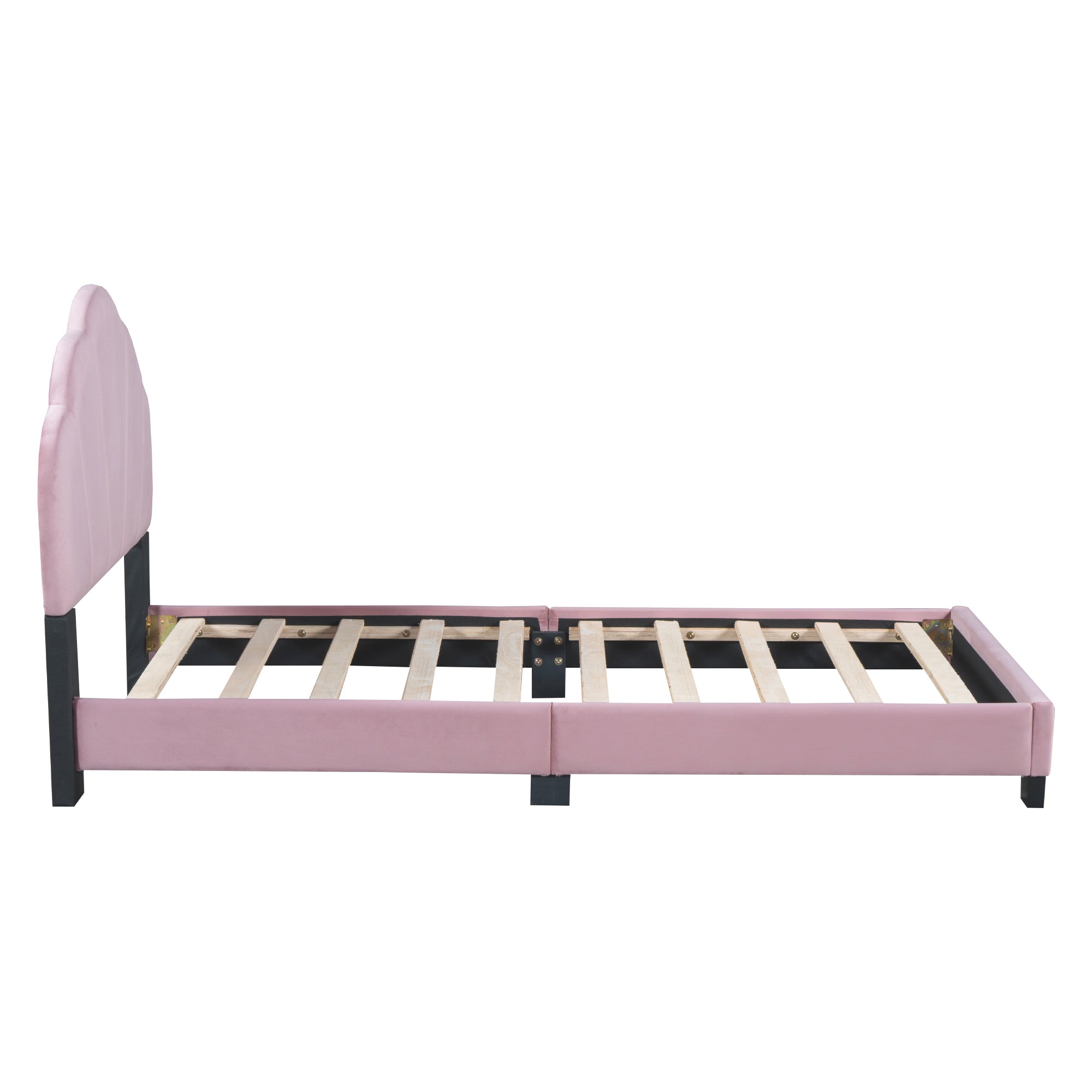 Twin Size Upholstered Velvet Platform Bed with Shell-Shaped Headboard, Pink - Atlantic Fine Furniture Melbourne FL