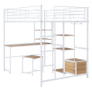Full Size Loft Bed With Desk And Stool, With Open Style Wardrobe, Shelves And Cabinet - White
