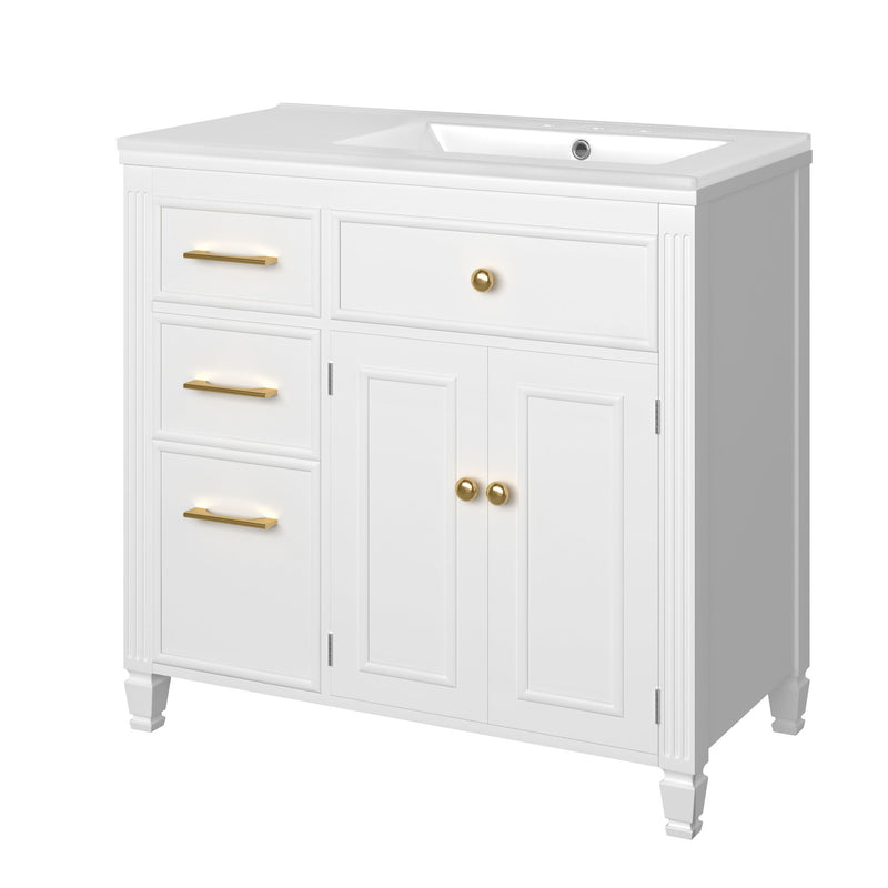 Modern Bathroom Vanity With Ceramic Sink, Freestanding, One Tip Out Drawer, 3 Side Drawers, Adjustable Shelf