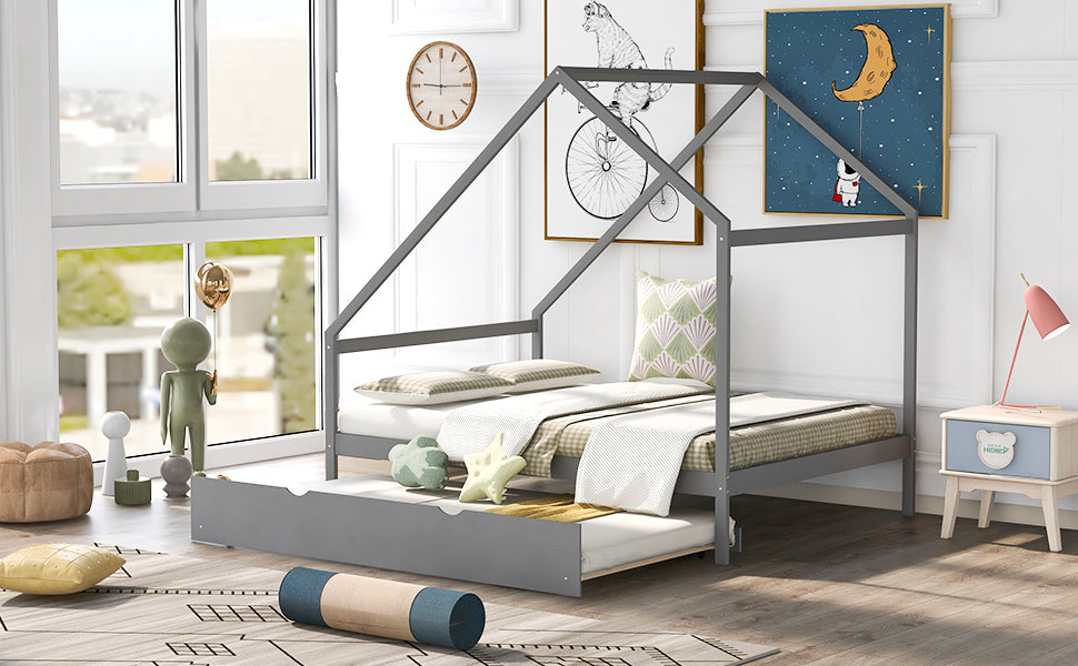 Full Size Wooden House Bed With Twin Size Trundle, GRAY - Atlantic Fine Furniture Melbourne FL