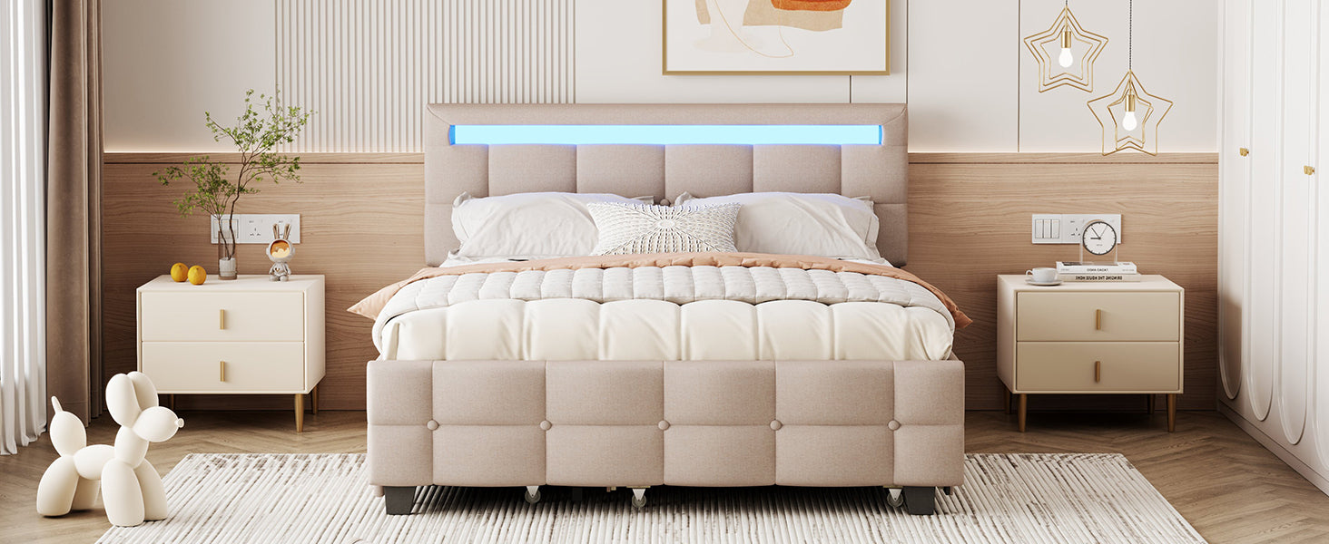 Queen Size Upholstered Platform Bed with LED Frame, with Twin XL Size Trundle and 2 drawers, Linen Fabric, Beige - Atlantic Fine Furniture Melbourne FL