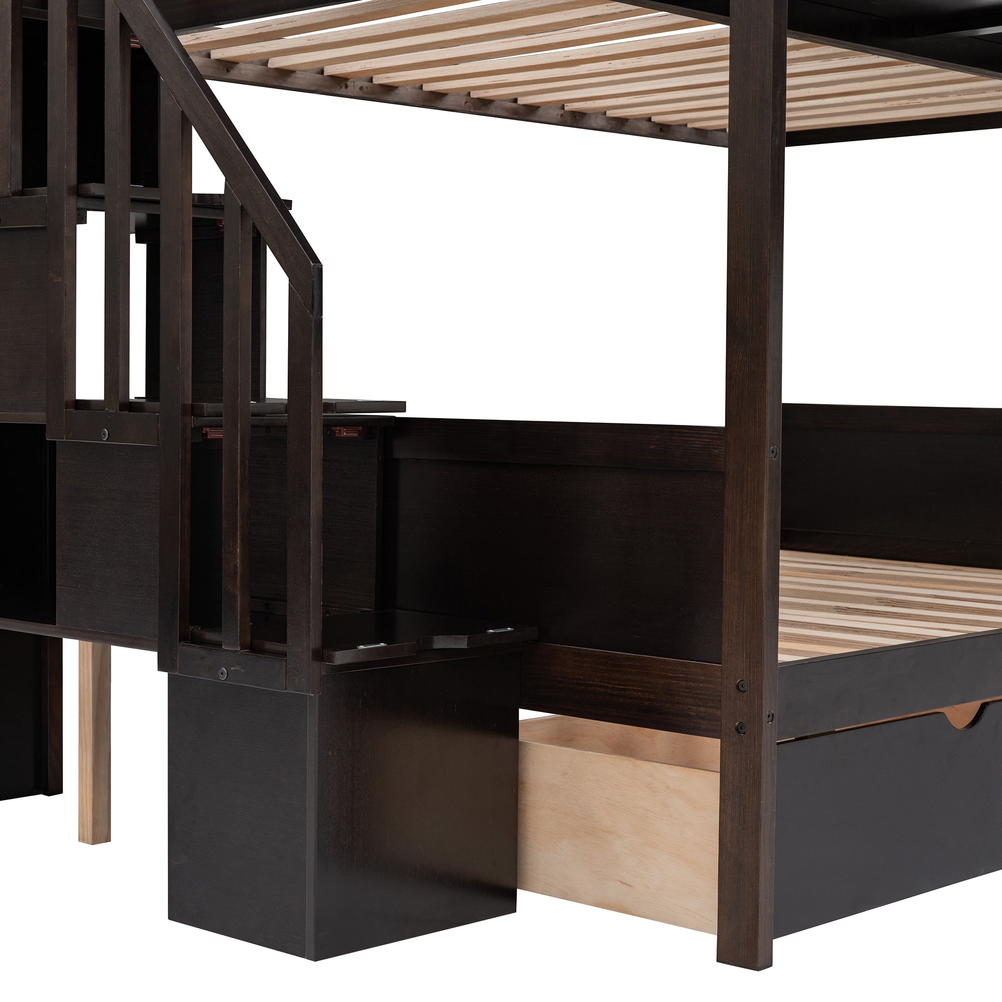 Twin over Full Bunk Bed with Shelfs, Storage Staircase and 2 Drawers, Espresso - Atlantic Fine Furniture Melbourne FL