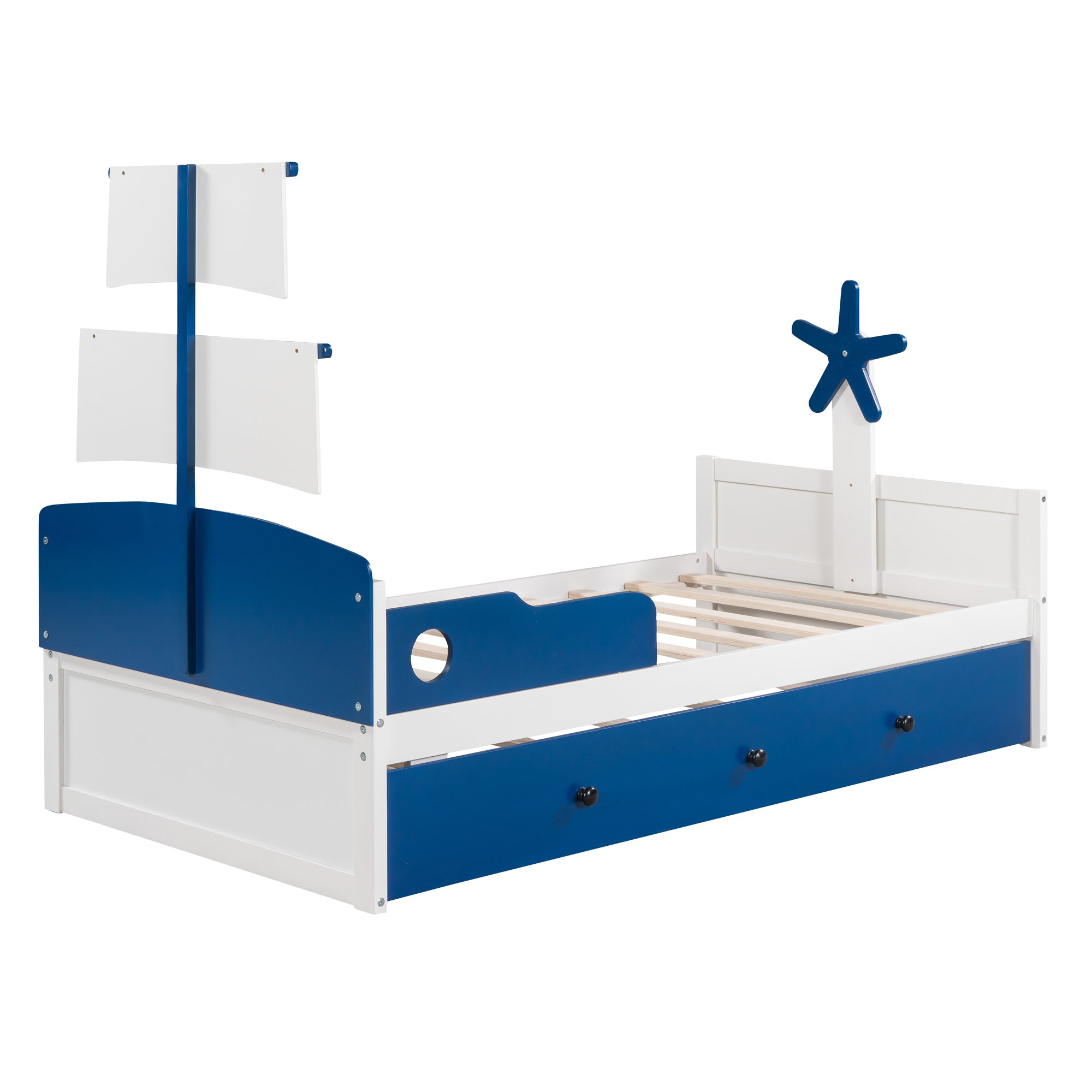 3-Pieces Bedroom Sets,Twin Size Boat-Shaped Platform Bed with  Trundle and Two Nightstands,White+Blue - Atlantic Fine Furniture Melbourne FL