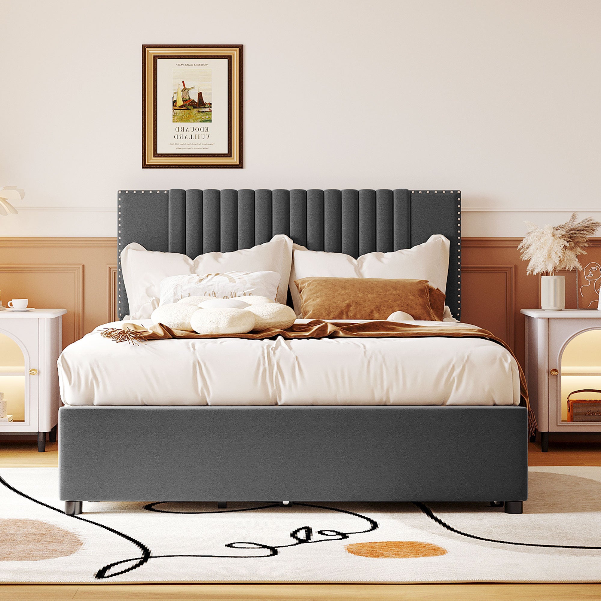 Full Size Upholstered Platform Bed with 2 Drawers and 1 Twin Size Trundle, Classic Headboard Design, Gray - Atlantic Fine Furniture Melbourne FL