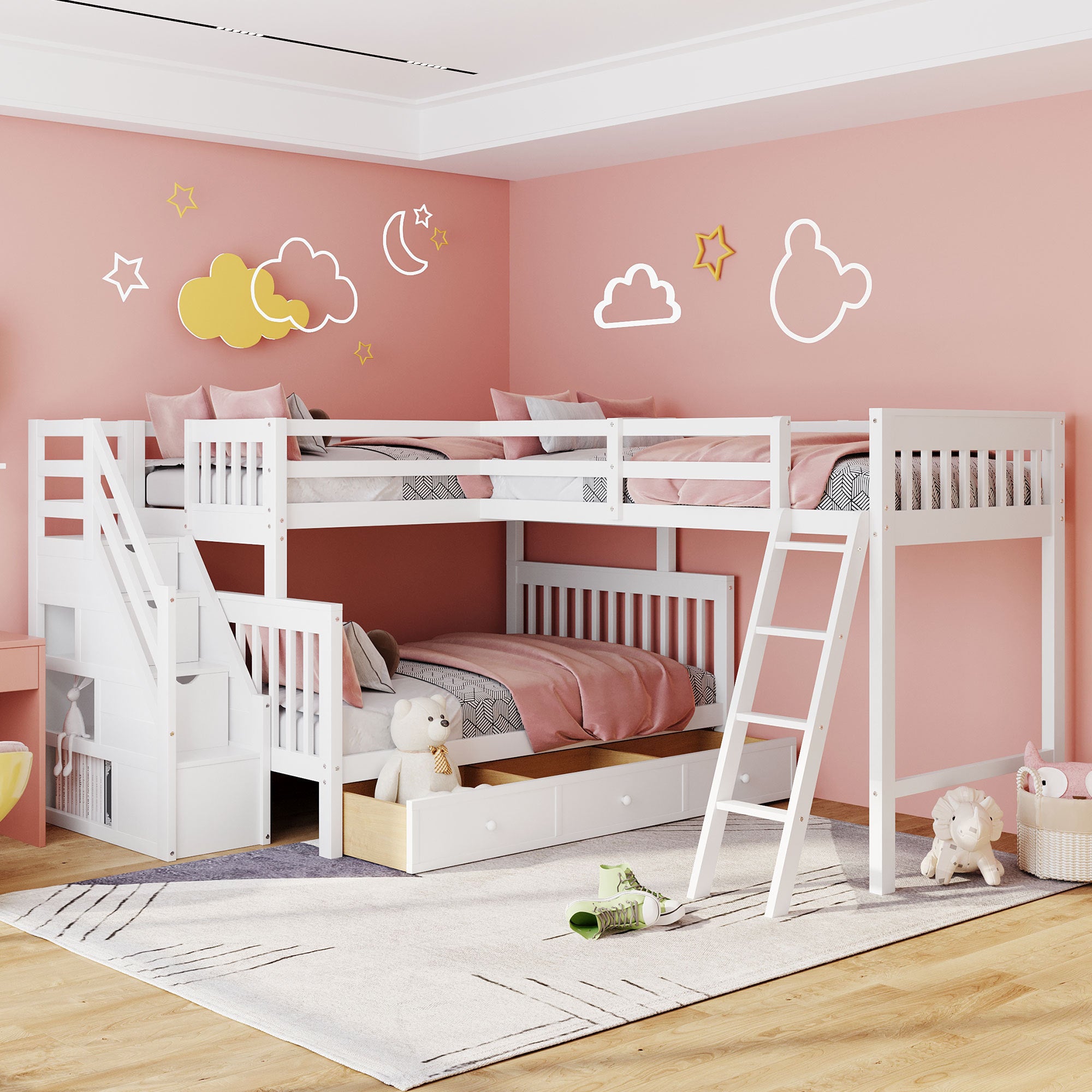 Twin over Full L-Shaped Bunk Bed With 3 Drawers, Ladder and Staircase - White - Atlantic Fine Furniture Melbourne FL